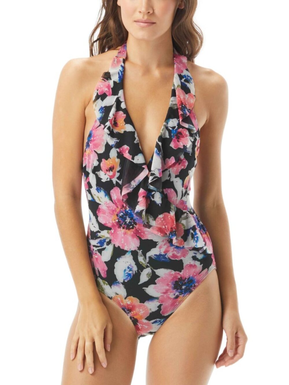 Carmen Marc Valvo Womens Ruffle Surplice Halter Tummy-Control One-Piece Swimsuit